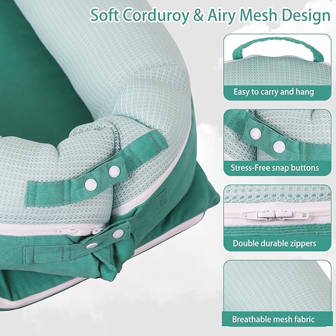 Baby Lounger, Deluxe Infant Lounger, Baby Nest Cover for Baby, Breathable Cotton, Newborn Essentials for Baby 0-12 Months (Greener)