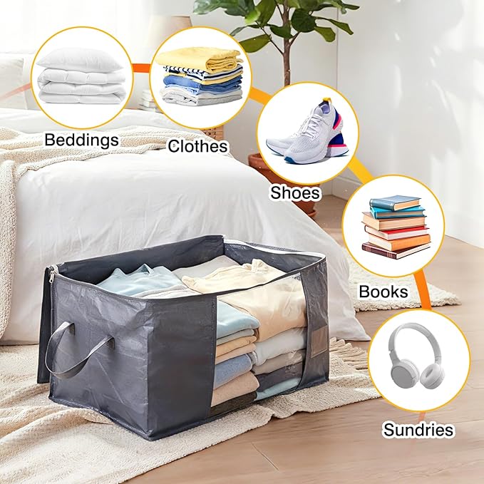 YGEOMER 6 Pack Heavy Duty Blanket Storage Bags Clothes Storage Foldable Closet Organizers Containers with Reinforced Handle for Clothing, Blanket, Comforters, Bed Sheets, Pillows and Toys, Grey 60L
