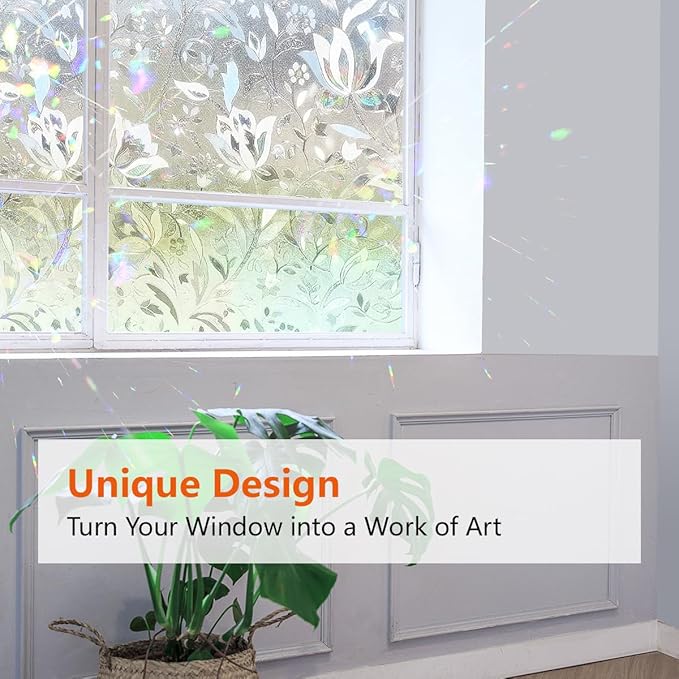 Bloss Window Privacy Film Decorative Stained Glass Window Film, Static Window Clings Removable Privacy Film for Glass Door Heat Blocking UV Anti (17.7 x 118 Inch)