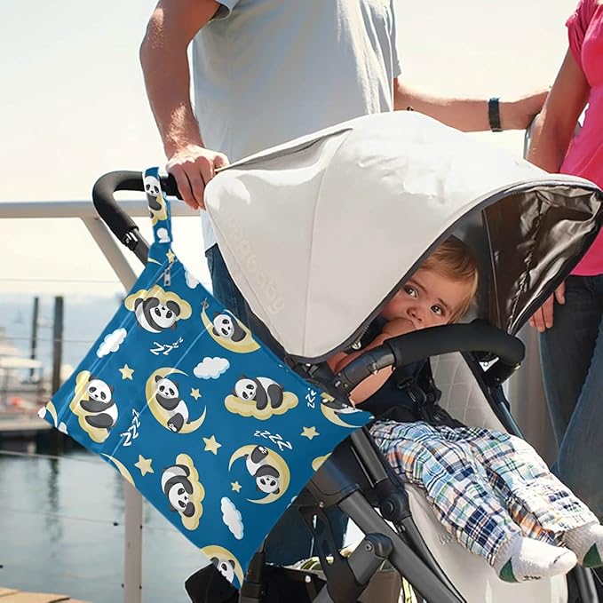 visesunny Panda Sleeping On Clouds Moon 2Pcs Wet Bag with Zippered Pockets Washable Reusable Roomy Diaper Bag for Travel,Beach,Daycare,Stroller,Diapers,Dirty Gym Clothes,Wet Swimsuits,Toiletries