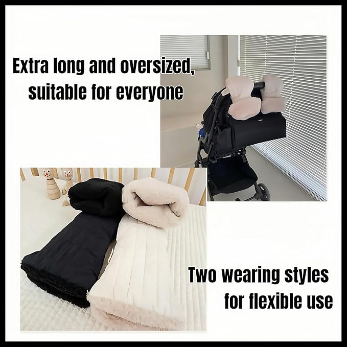 Winter Baby Stroller Hand Muffs, Waterproof Windproof Warm Gloves with Lamb Wool Lining, 12x6 Inch Oversized Stroller Handle Warmers with Magic Tape (Black)