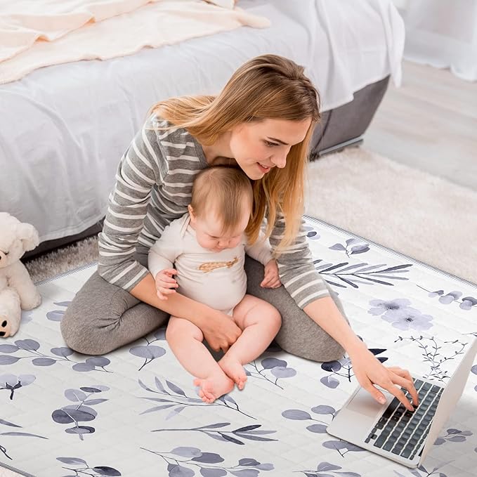 Funtery 43 x 43 Inch Boho Baby Play Mat Portable Crawling Washable Foldable Tummy Time Non Slip Baby Floor Large Playpen Mat for Infants Toddlers Floor Playpen Activity(Watercolor Leaf)