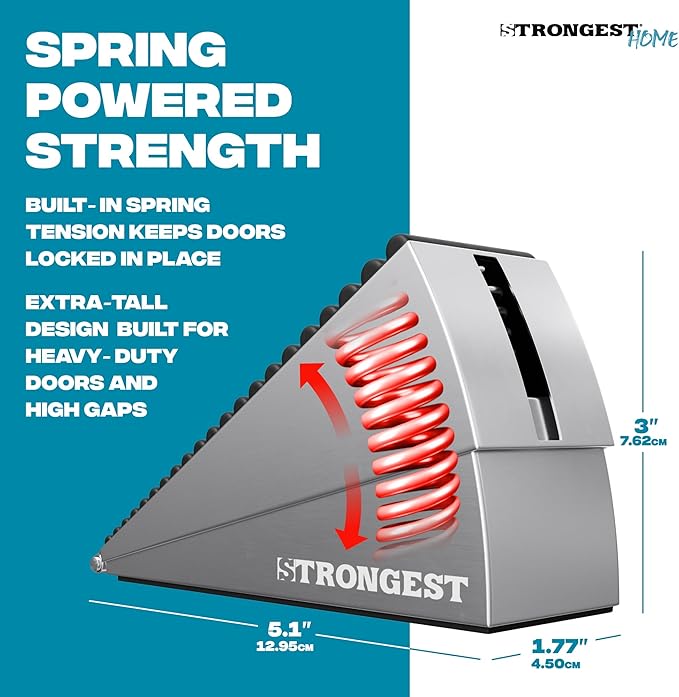 Strongest Home XL Adjustable Chrome Door Stopper with Spring – Heavy Duty Wedge for Oversized, Thick & Heavy Doors, Anti-Slip Rubber Grip, for Commercial, Home & Outdoor Use on Carpet, Wood & Tile