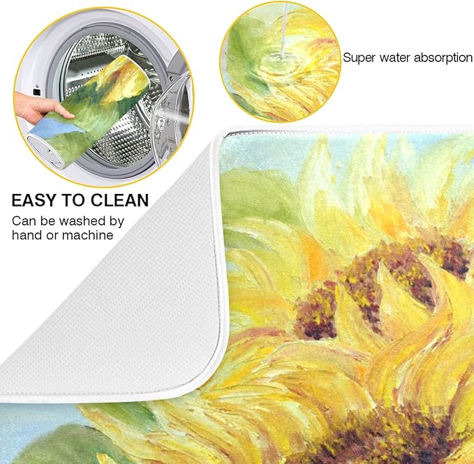 Absorbent Dish Drying Mat for Kitchen Counter - Oil Painting Sunflower Microfiber Drying Pad, Reversible Drainer Mats for Countertop, Large 18" x 24"
