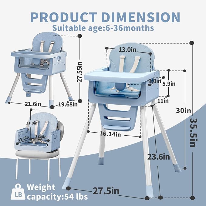 3 in 1 Convertible High Chairs for Toddlers 1-3 Baby Feeding Chair with Tray Wipeable Infant Highchair Sit Up High Chair for Babies and Toddlers with 5-Point Safety Harness & Cushion Blue