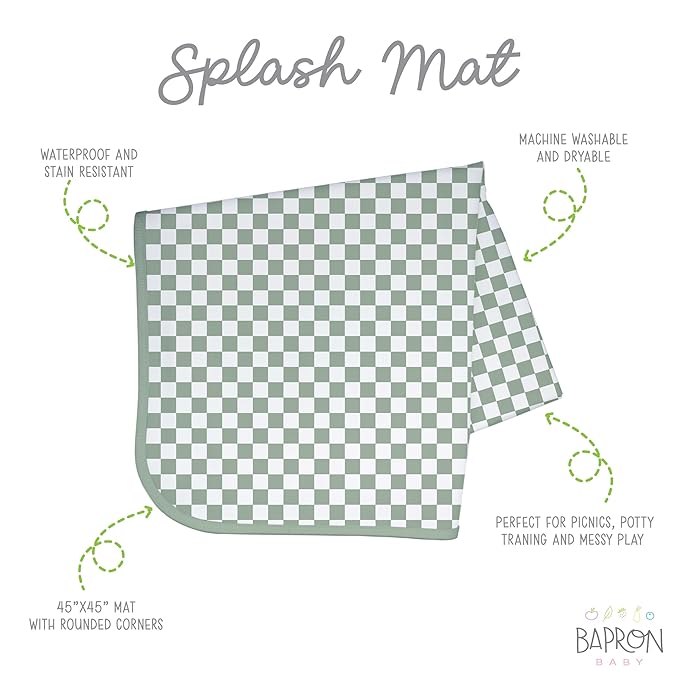 BapronBaby Sage Checkerboard Splash Mat - Waterproof Catch-All for Under High Chairs, Floors, Tables, Playtime or Arts & Crafts - Machine Washable - 45" x 45”