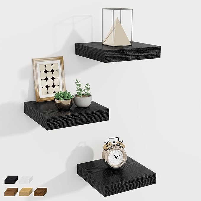 Fun Memories Small Floating Shelves for Wall - 8 Inch Square Wall Shelves with Invisible Brackets, Black Shelves for Bathroom, Living Room, Bedroom, and Kitchen Decor, Set of 3