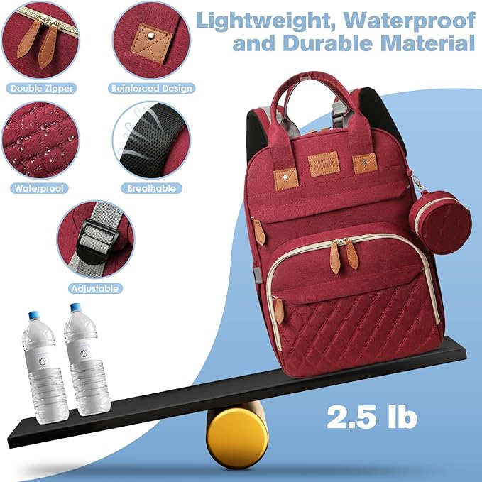 JSTPRO Diaper Bag Backpack, Large Diaper Bag with Changing Station, Baby Bag, New Mom Gifts, Lightweight Waterproof Unisex Diaper Bag with Insulated Pockets and USB Charging Port, Red