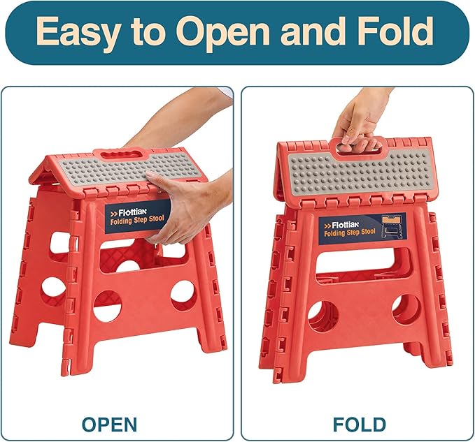 Flottian 13" Folding Step Stool for Adults and Kids Holds Up to 300 lbs,Non-Slip Folding Stools with Handle, Compact Plastic Foldable Step Stool for Bathroom,Bedroom, Kitchen Coral,1PC