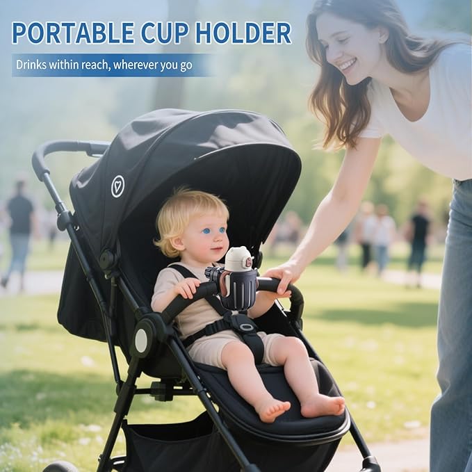 Stroller Cup Holder Compatible with Bob, Clip on Cupholder Attachment for Stroller, Cup Holder with Adjustable Clamp, Fits Most Cups, for Wheelchair, Walker, Bike, Scooter, Black