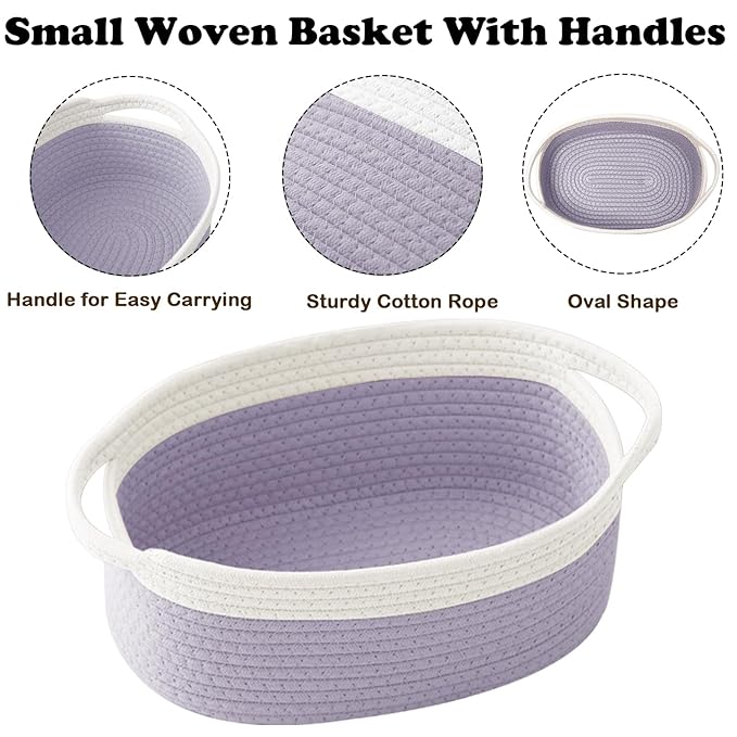 Small Woven Rope Basket-Empty Gifts Basket with Bag and Ribbons,Cute Handle Organizer Box for Birthday/Baby Shower, Toy Storage, Nursery Organizing & Shelf Decor(White&Purple)