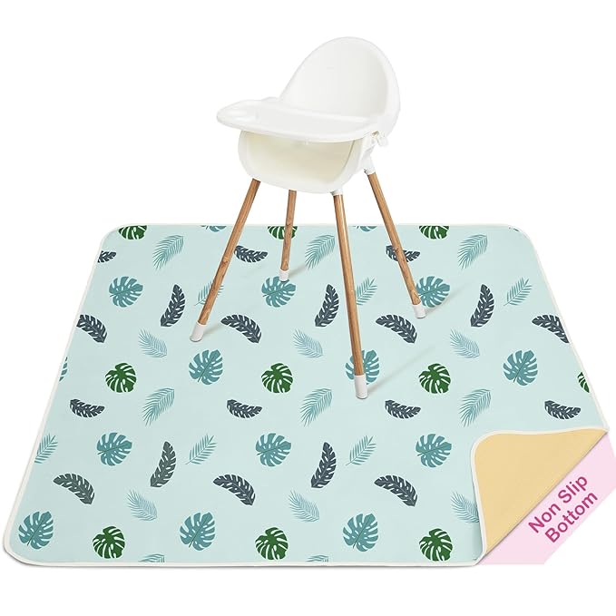 Basumee Splat Mat High Chair Mat Waterproof Baby Play Splat Mat for Under High Chair Food Catcher Highchair Mat for Floor Non Slip Bottom, Blue Leaves, 46x42 Inches