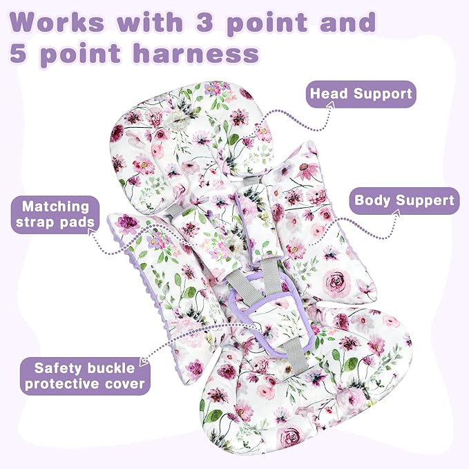 GFU 3-in-1 Infant Car Seat Insert, Soft Head and Body Support,Ultra & Strap Covers Set, Reversible Newborn Car Seat Cushion Pad for Baby Boy & Girl fits Stroller, Swing, Bouncer (Purple)