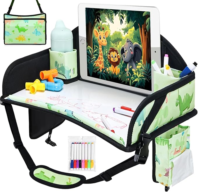 Kids Travel Tray for Toddler Car Seat, Road Trip Activities for Kids with iPad Holder Stand & Dry Erase Board, Road Trip Essentials Accessories Lap Tray as Travel Gifts for Kid, 2PC