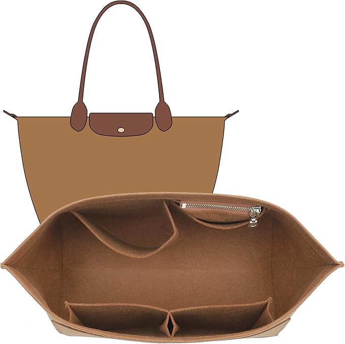 Felt Purse Organizer Insert Compatible with Longchamp Le Plaige M Tote Bag(Long Handle), Zipper Long Champ Medium Organizer with Cup Holder for Tote Handbags, 8 Compartments (Gold Brown,M)