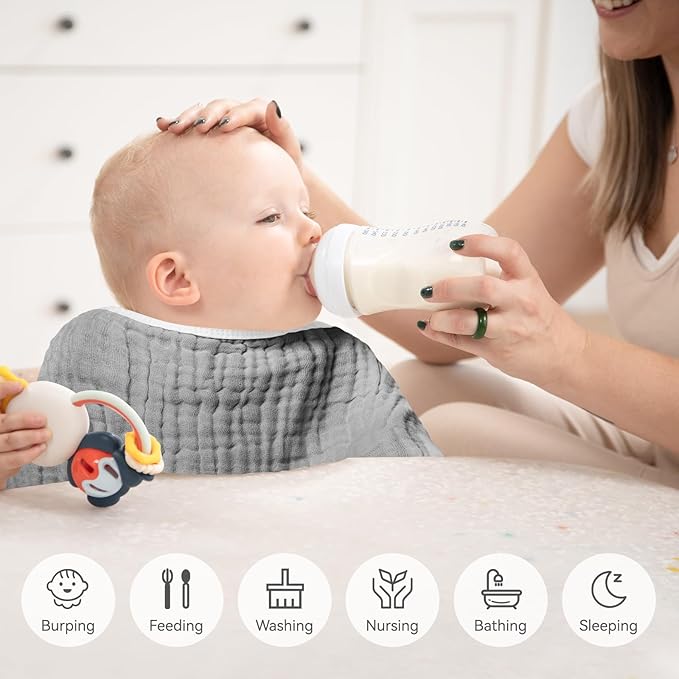 Synrroe Burp Cloths Large, Muslin Burp Cloths for Baby Girls and Boys, Pack of 4 Extra Absorbent and Soft Muslin, 6 Layers 20 by 10 Inches 100% Cotton (Grey-White 4 Pack)