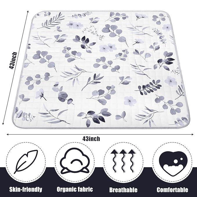 Funtery 43 x 43 Inch Boho Baby Play Mat Portable Crawling Washable Foldable Tummy Time Non Slip Baby Floor Large Playpen Mat for Infants Toddlers Floor Playpen Activity(Watercolor Leaf)
