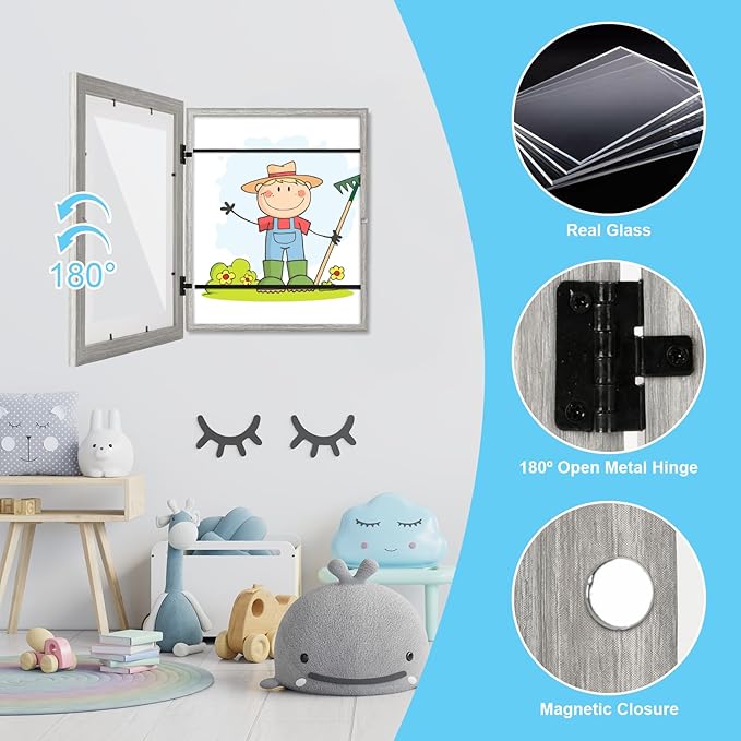 [2 Pack] Kids Art Frames, 10x12.5 Front Opening Kids Artwork Frames Changeable, Grey Wood Grain Artwork Display Storage Frame for Wall, Holds 50 Pcs, for 3D Picture, Crafts, Children Drawing, Hanging