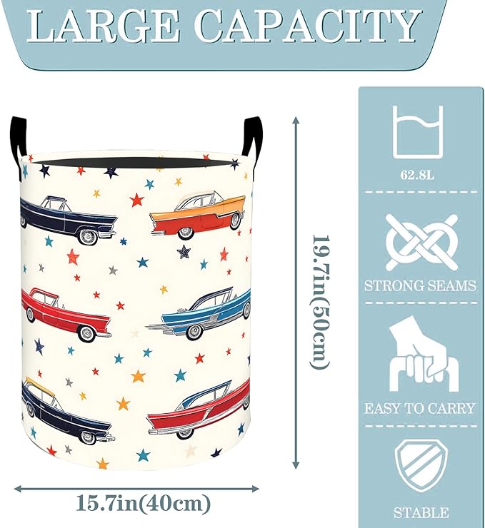 VODRM Vintage Classic Car Laundry Basket, Dirty Collapsible Clothes Toy Organizer Hamper for Kids Adults, Oxford Cloth Waterproof Storage Bin for Bedroom Bathroom Home Decor Gifts, 19.7"X15.7"