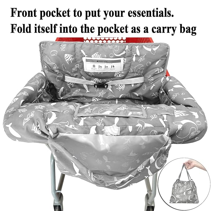 2-in-1 Shopping Cart and High Chair Cover for Baby, Padded Cover, Fold'n Roll Style, Portable with Carry Bag (Gray Seaworld)