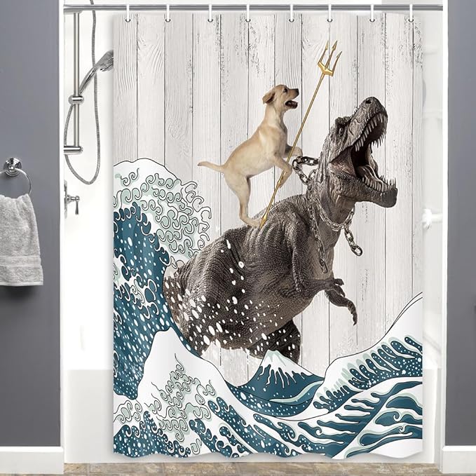Boziqr Funny Dog Shower Curtain, Japanese Ocean Wave Dinosaur Rustic Barn Door Decor Fabric Bathroom Curtains Set, Cute Animal Kids Polyester Fabric Waterproof, 47 X 64 Inches