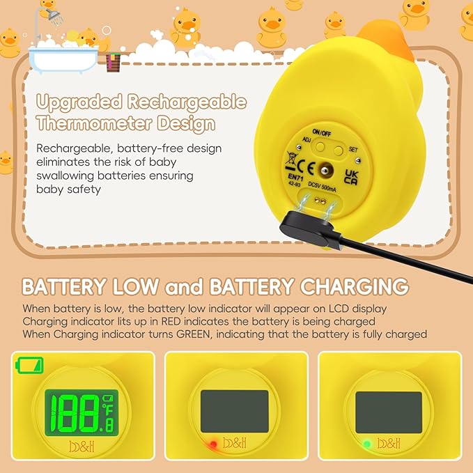 b&h Duck Rechargeable Baby Bath Thermometer - Fast Temperature Reading, Digital Water Thermometer for Bathtub and Room, Safety Infant Floating Bath Toy, Baby Bath Essentials