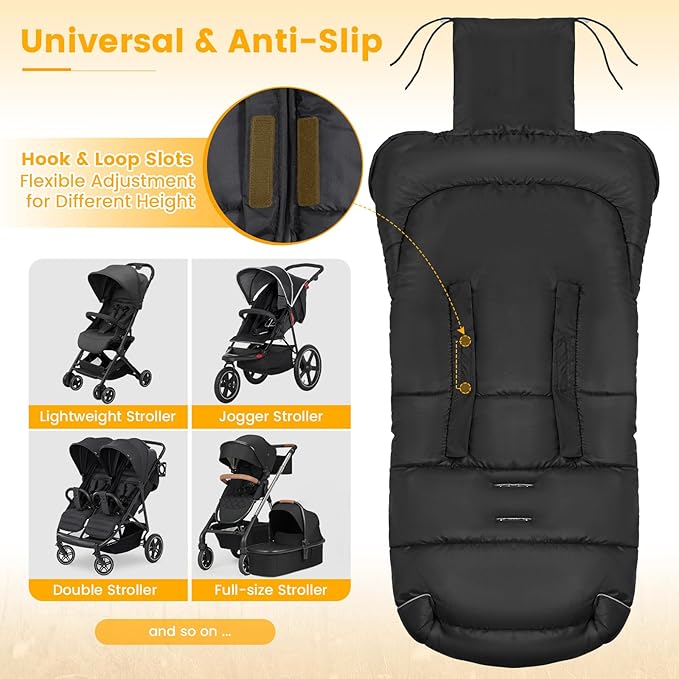 Orzbow Universal Footmuff for Stroller, Winter Warm Baby Stroller Bunting Bag, Waterproof Windproof Warm Polar Fleece Lined for Toddler Stroller Sleeping Bag, Black