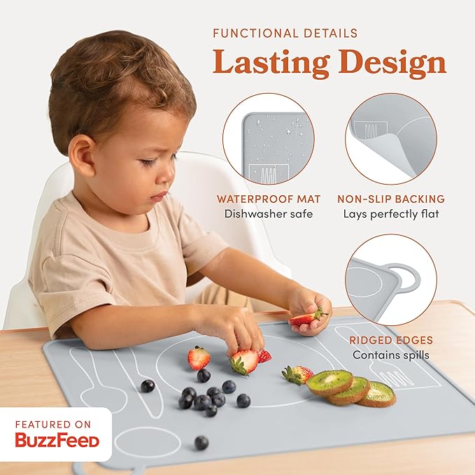 Kids Silicone Montessori Placemat for Toddlers | Children Plate Mat for Dining Table Setting | by Fire Rooster Kids (Grey, 1)