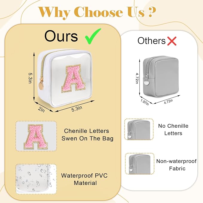 Personalized Initial Letter Clear Preppy Makeup Bag,Mini Nylon Chenille Letter Cosmetic Bag Cute Zipper Pouch Purse for Teen Girls,Portable TSA Approved Beach Travel Essentials Bag Gift for Women,G