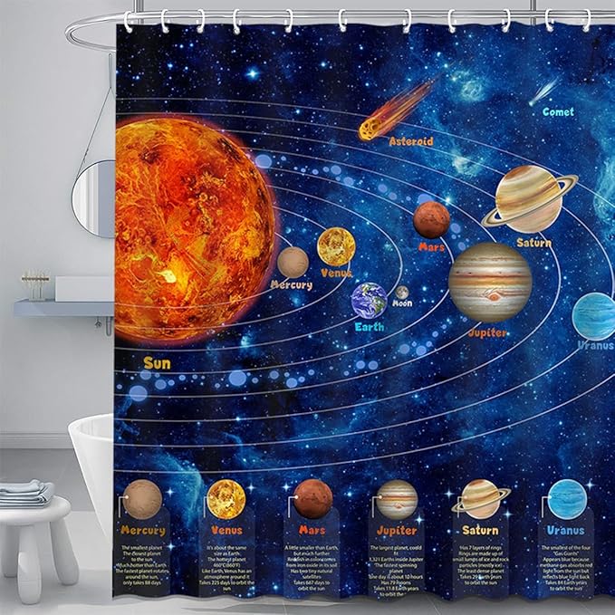 Mocsicka Galactic Outer Space Shower Curtain Boys Nebula Universe Planet Bath Curtain Science Theme Waterproof Bathroom Accessories Decor with 12 Hooks