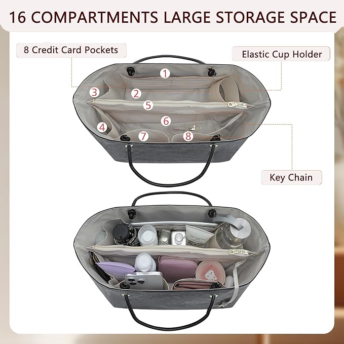 Doxo NEW Purse Organizer Insert for Longchamp LePliage Large,Fixed Handle, Bag Shaper with Key Leash& 16 Compartments, Upgraded Elastic Cup Holder(Black&White,L)