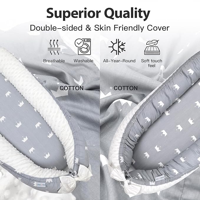 Baby Lounger-Breathable and Soft Organic 100% Cotton, Portable Infant Lounger with Removable Lounger Cover, Floor Lounger for Newborn - Grey Crown
