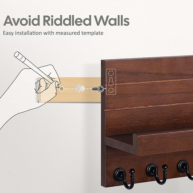 Mail and Key Holder for Wall: Easy Installation Modern Mail Holder Wall Mount Key Shelf for Hallway Living Room House Decoration (Brown)