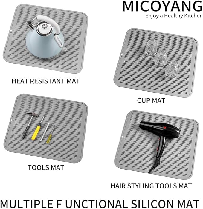 MicoYang Silicone Dish Drying Mat for Multiple Usage,Easy clean,Eco-friendly,Heat-resistant Silicone Mat for Kitchen Counter or Sink,Refrigerator or Drawer Liner Grey XL 18 inches x 16 inches
