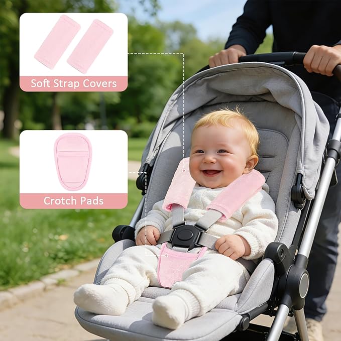 SWESEN Baby Car Seat Strap Covers, 3 Piece Soft Car Seat Strap Shoulder Pads for Baby Girls Boys, Double-Sided Use carseat Straps Covers for Stroller, Car Seats, Pushchair, Pink