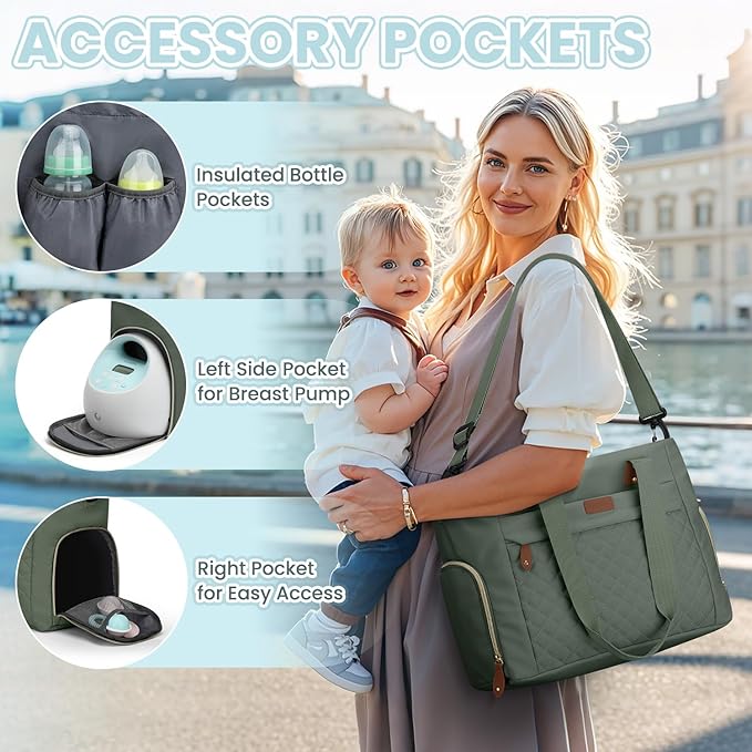 Pritent Diaper Bag Tote for Working Mom, Large Travel Diaper Tote for Mom and Dad with 14 Inch Laptop Sleeve, Mommy Maternity Travel Baby Bag for Boys and Girls, Green