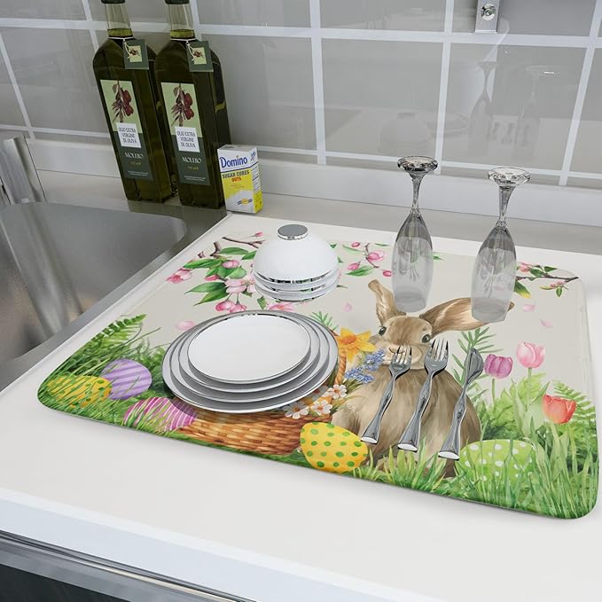Easter Bunny Colorful Eggs Dish Drying Mat for Kitchen Counter,Spring Flowers Green Grass Drying Mat 18 x 24 Inch with High Absorbent Microfiber Drainer Mat for Coffee Bar