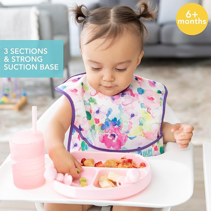 Bumkins Toddler and Baby Suction Plate, Divided Grip Dish for Babies and Kids, Baby Led Weaning, Feeding Supplies, Sticks to Tables and Highchairs, Platinum Silicone, for Chidren 6 Months, Pink