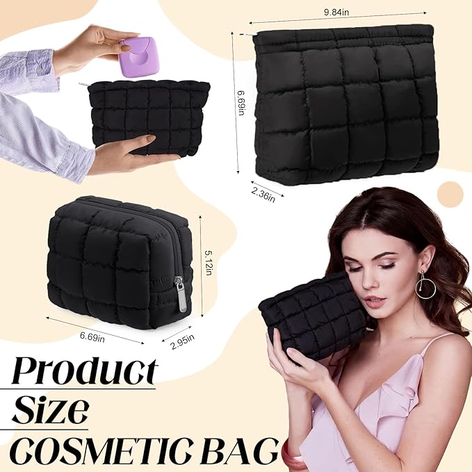 2 Pcs Puffy Makeup Bag Quilted Cosmetic Pouch for Women Cute Checkered Travel Toiletry Bag Puffer Makeup Organizer Purse Pouch Preppy Pencil Case with Zipper(Black)