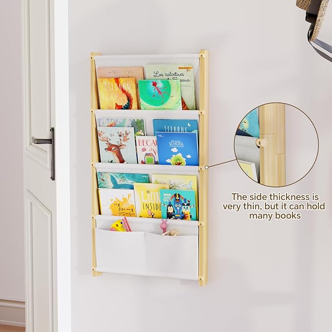 Wood 4-Tier Wall Mounted Kids Bookshelf – Floating Book Shelf For Kids Rooms,Nursery & Classroom, Hanging Bookcase Organizer For Books, Toddler Book Shelf, Montessori Bookshelf, Nursery Shelves