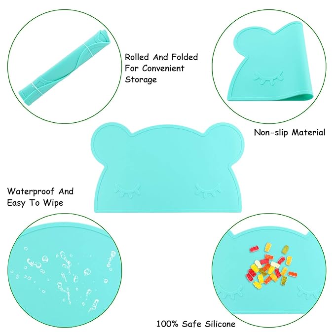 M MOACC Toddlers Non-Slip Silicone Placemat Cute Bear Kids Placemats Washable Dining Table Food Mat for Children Baby,Mint Green