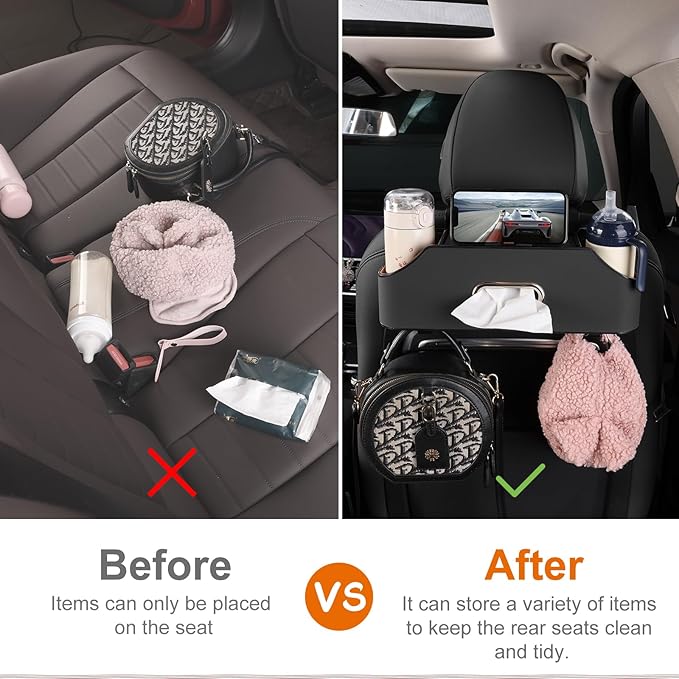 Sancaral Car Rear Backseat Extra Multifunctional Drink Cup Holder Organizers With Tissue Storage Box Organizer & Hooks For Car Seat Back. Black