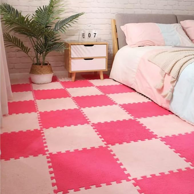 12pcs Plush Puzzle Foam Floor Mat, Soft Thicken Fluffy Interlocking Square Foam Tiles Area Rugs Carpet for Parlor Bedroom Decoration(11.8x11.8x0.55in,Rose Red&Pink)
