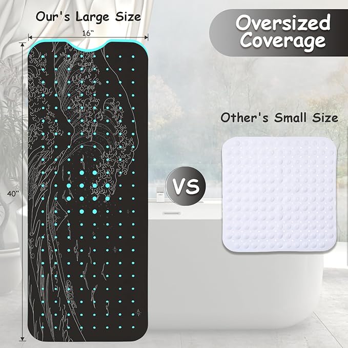Non Slip Bathtub Mat, Flower Bath Mat for Tub, Extra Long Bathtub Mat Shower Mat with Suction Cups and Drain Holes for Elderly Kids Toddler Baby 40 X 16 Inch