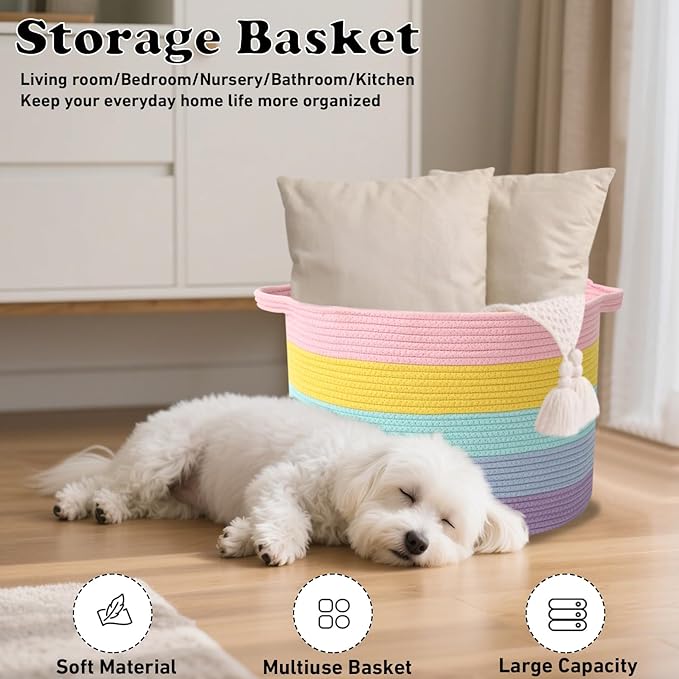 Large Storage Basket with Handle,23.6" x 23.6" x 15.7" Blanket Basket Storage Bins for Organizing,115L Cotton Rope Woven Baskets for Living Room, Nursery,Bedroom,Colorful
