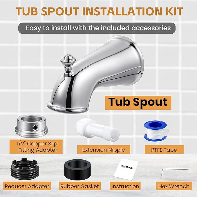 Dreyoo Tub Spout (Universal Fits 1/2" Copper Pipe, 1/2" IPS and 3/4" IPS), Bathroom Bathtub Faucet with Adapters and Hex Wrench(Chrome,Classic)