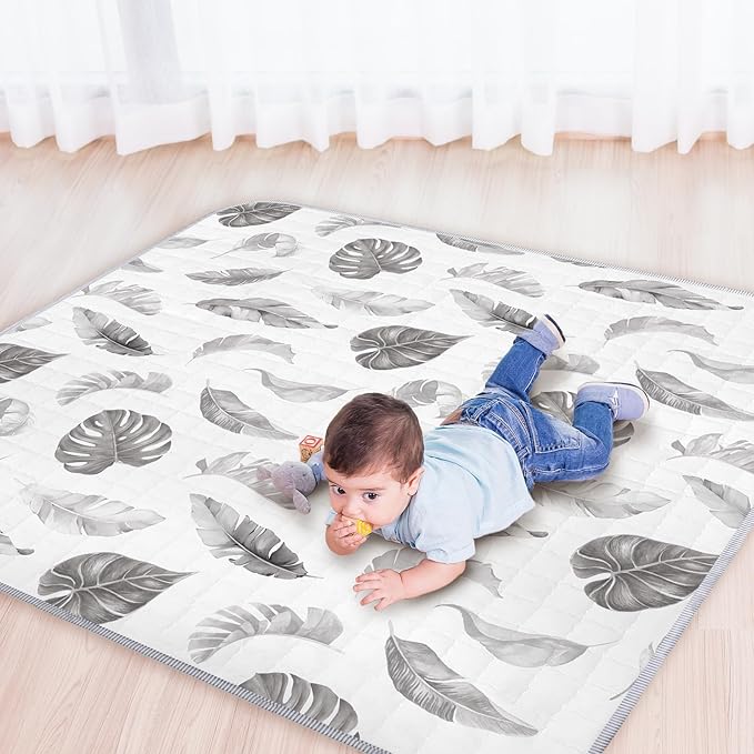 Funtery 43 x 43 Inch Boho Baby Play Mat Portable Crawling Washable Foldable Tummy Time Non Slip Baby Floor Large Playpen Mat for Infants Toddlers Floor Playpen Activity(Leaf Theme)