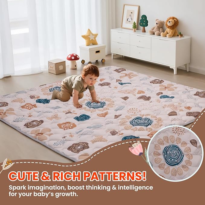 Duwenem Baby Play Mat for Floor,50x50 Inch Soft Padding Crawling Mat for Playpen, Foldable and Machine Washable, Thick for Babies & Toddlers,Boho Flower