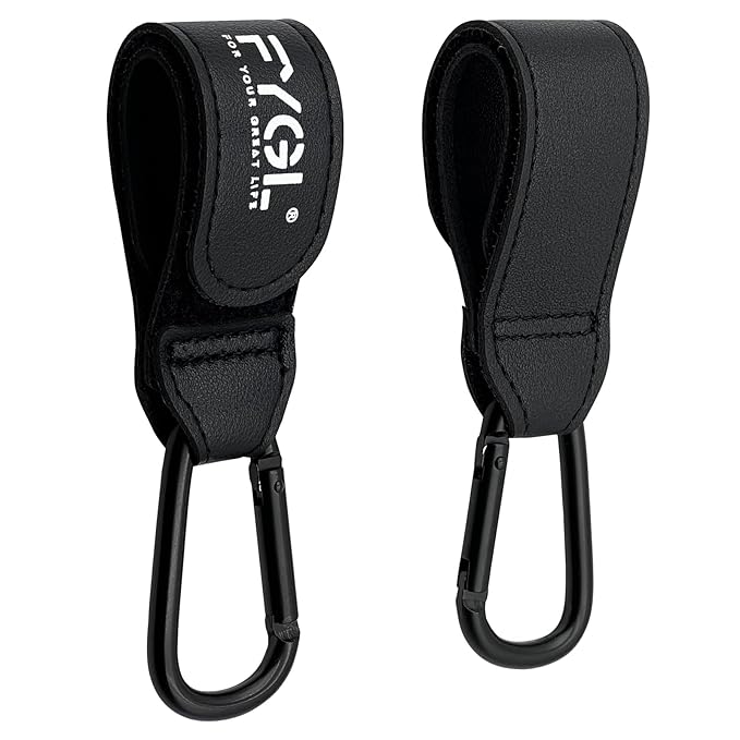 Stroller Hooks - Leather Buggy Clips, Pushchair Carabiner Clip for Bags, Easy Attachment for Pram, Universal Stroller Clips and Hooks, Stroller Accessories - Black (2 Pack)
