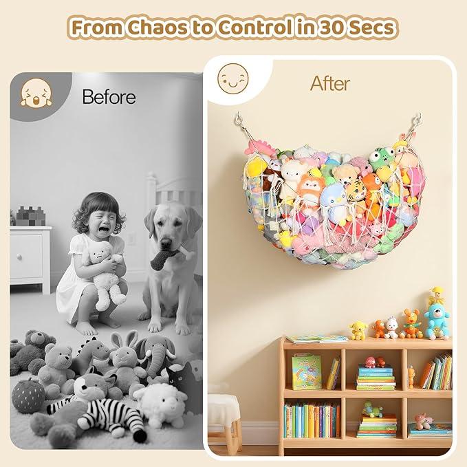 YECAYE Stuffed Animal Net, Room Decor Stuffed Animal Hammock, Upgraded 60 Inch for All Plush Dolls Organizer, Plushies Storage with Fully Handwoven Tassel, Cream White（1 pack） Mesh Bags